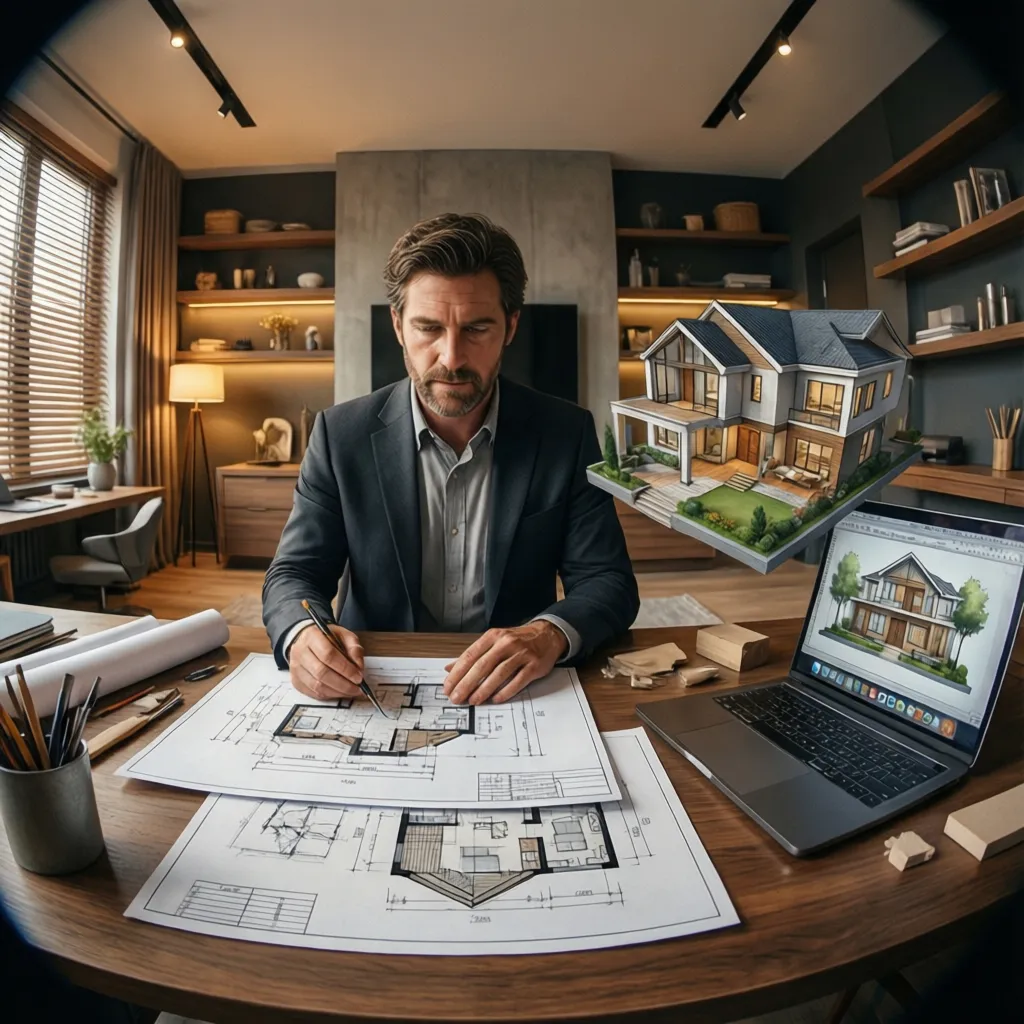 Diseñador revisando planos y modelos 3D en estudio de interiorismo