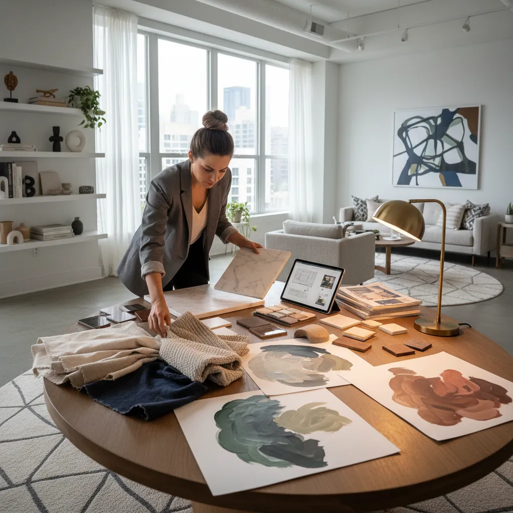 diseñador de interiores trabajando con muestras de materiales y colores