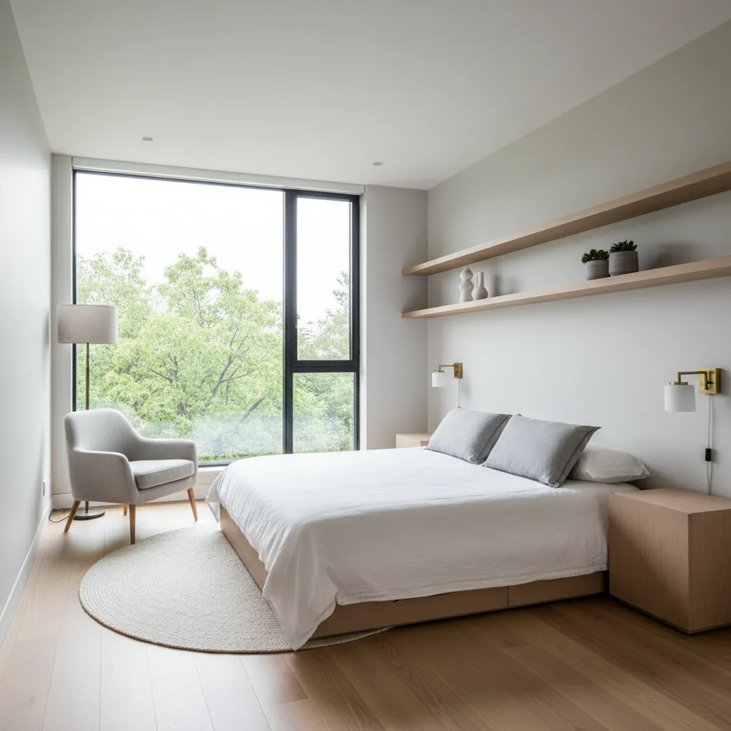 Dormitorio minimalista en el segundo piso de una casa pequeña