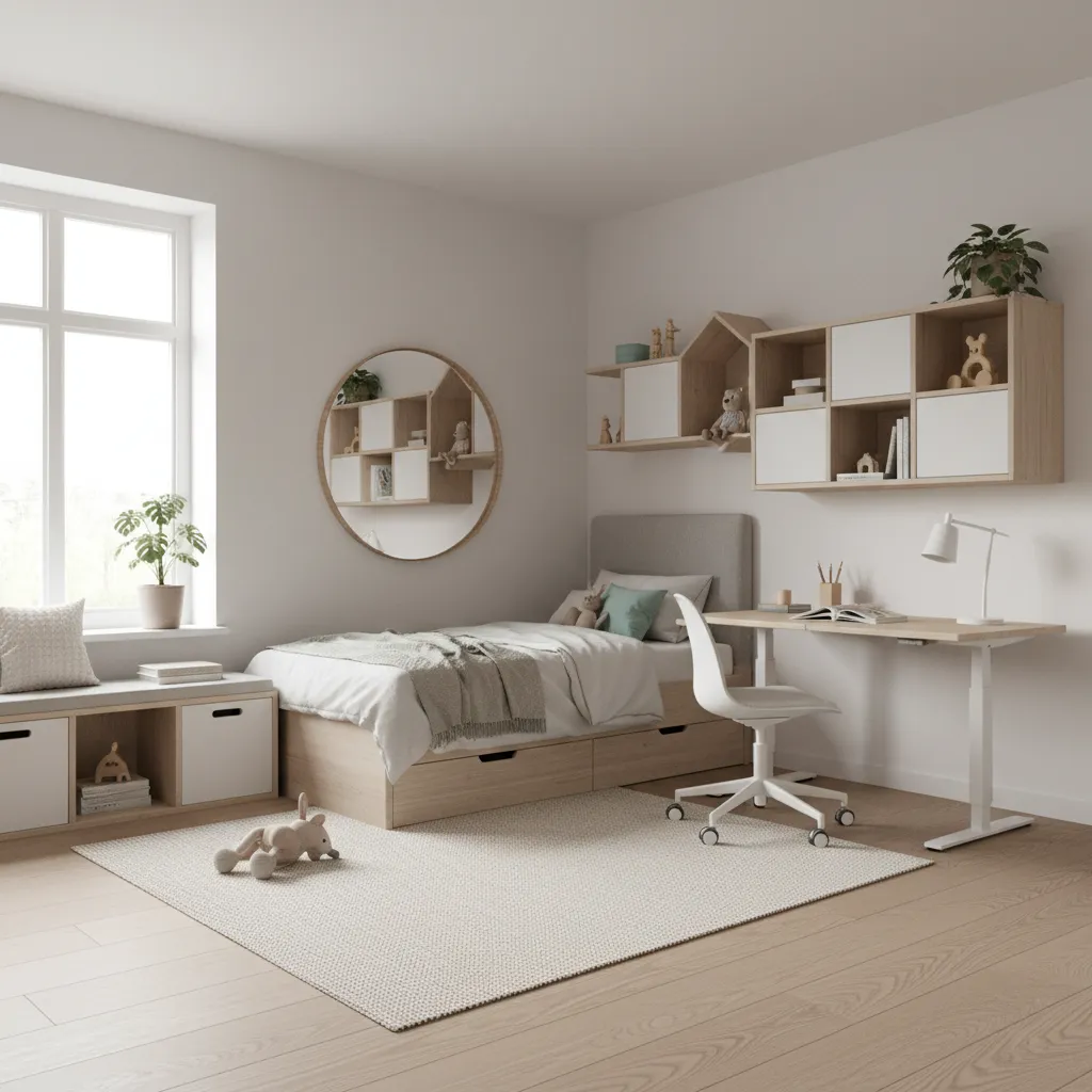 Habitación infantil adaptable con cama estándar y escritorio ajustable