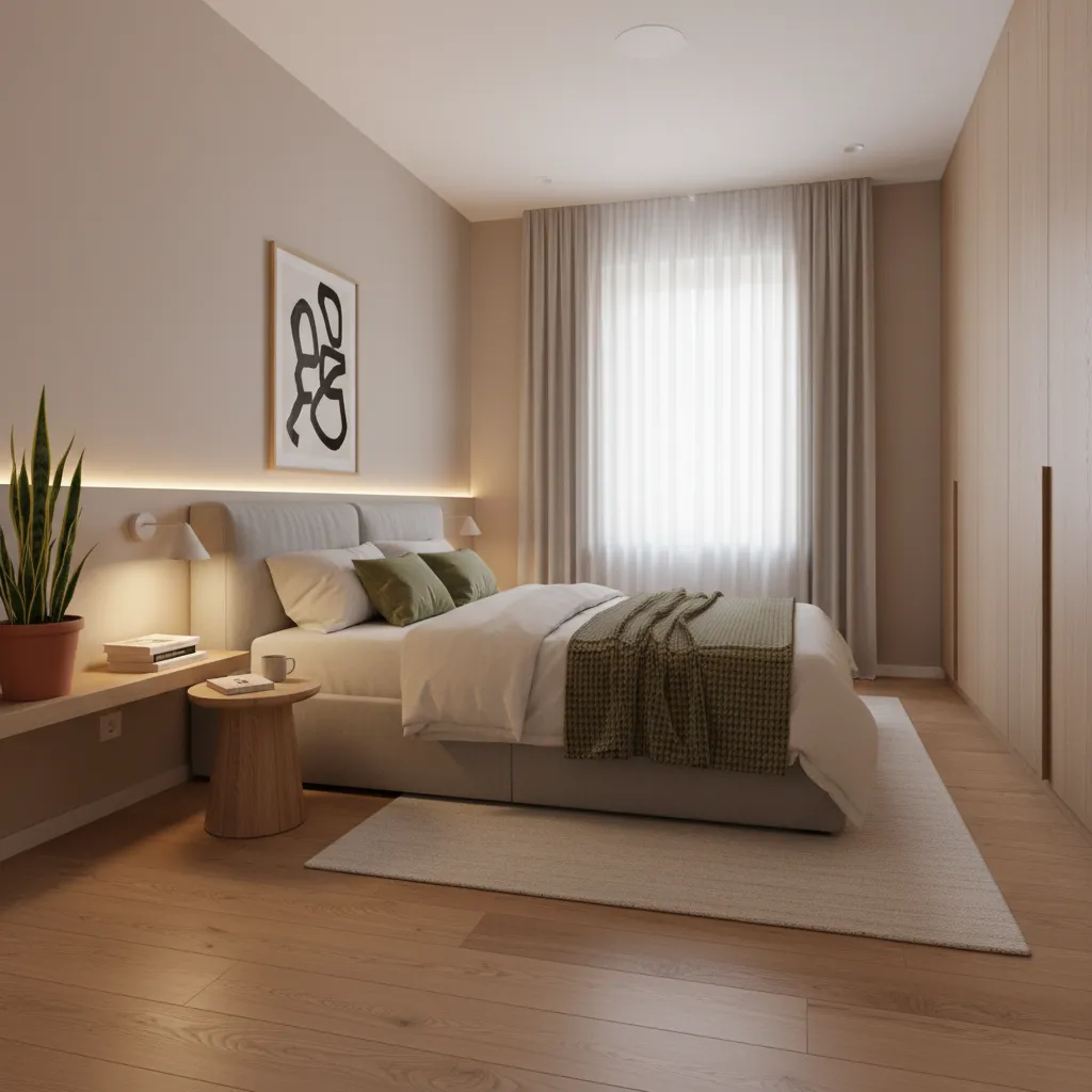 Dormitorio juvenil minimalista con iluminación cálida