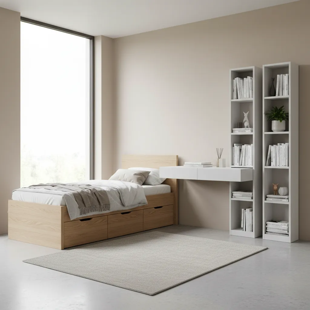 Dormitorio juvenil pequeño con cama con almacenamiento y escritorio compacto