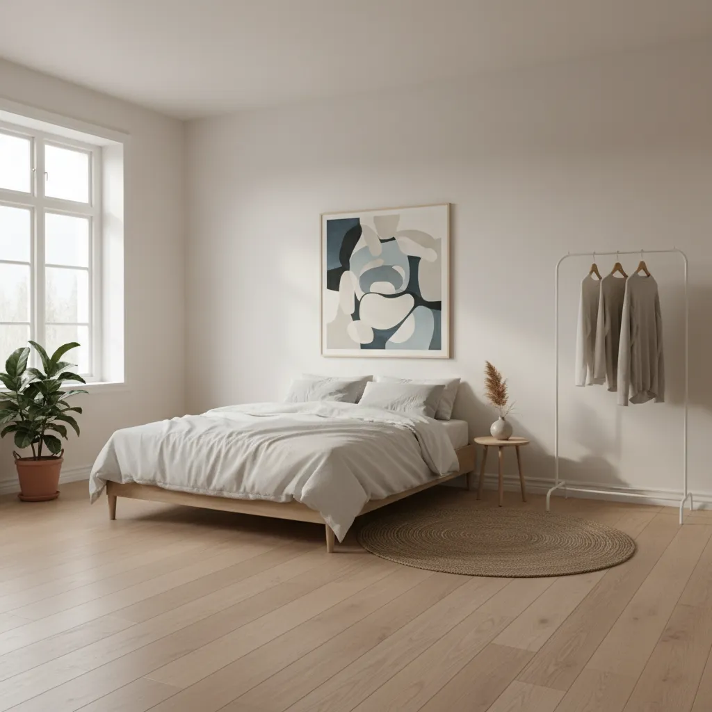 Habitación minimalista con pocos muebles y buena circulación