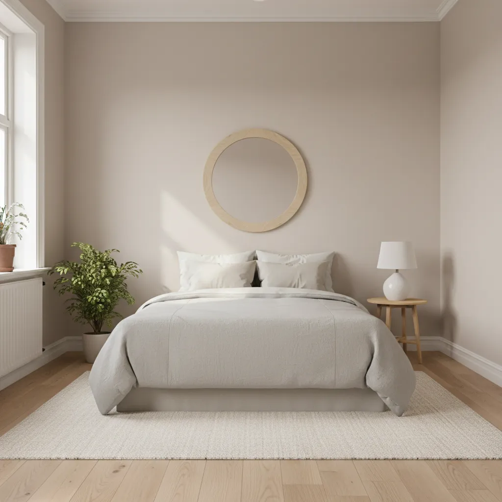 Minimalist beige bedroom with grey bed round wood mirror green plant white lamp and rug