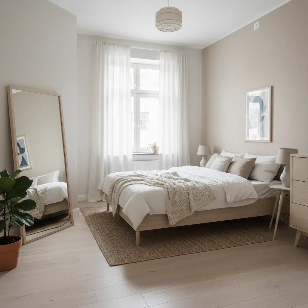 Minimalist bedroom with large floor mirror green plant white curtains wood bed rug and cabinet