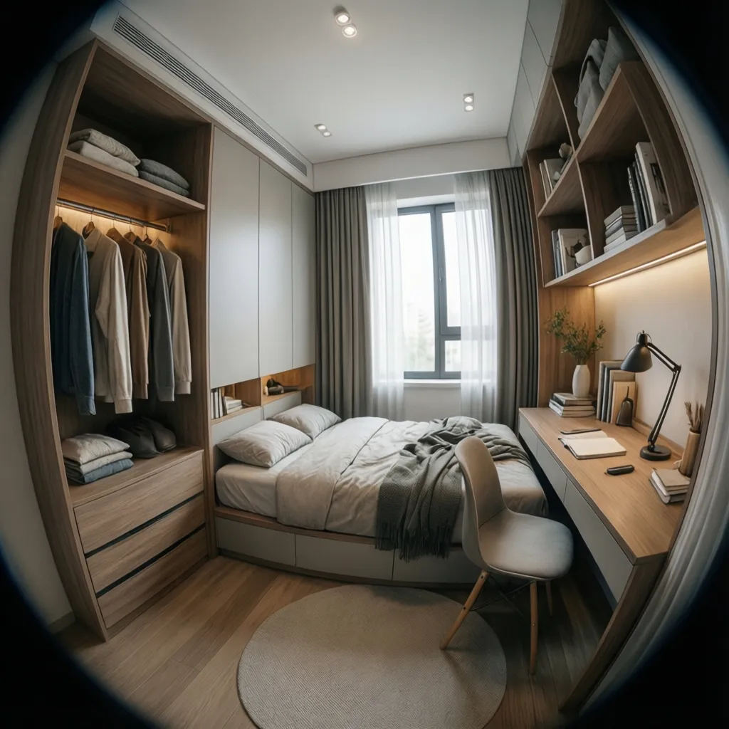 Compact bedroom design featuring a wooden wardrobe bed with grey bedding study desk and chair
