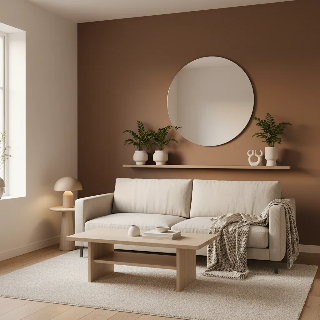 Habitación pequeña con una pared marrón y decoración clara