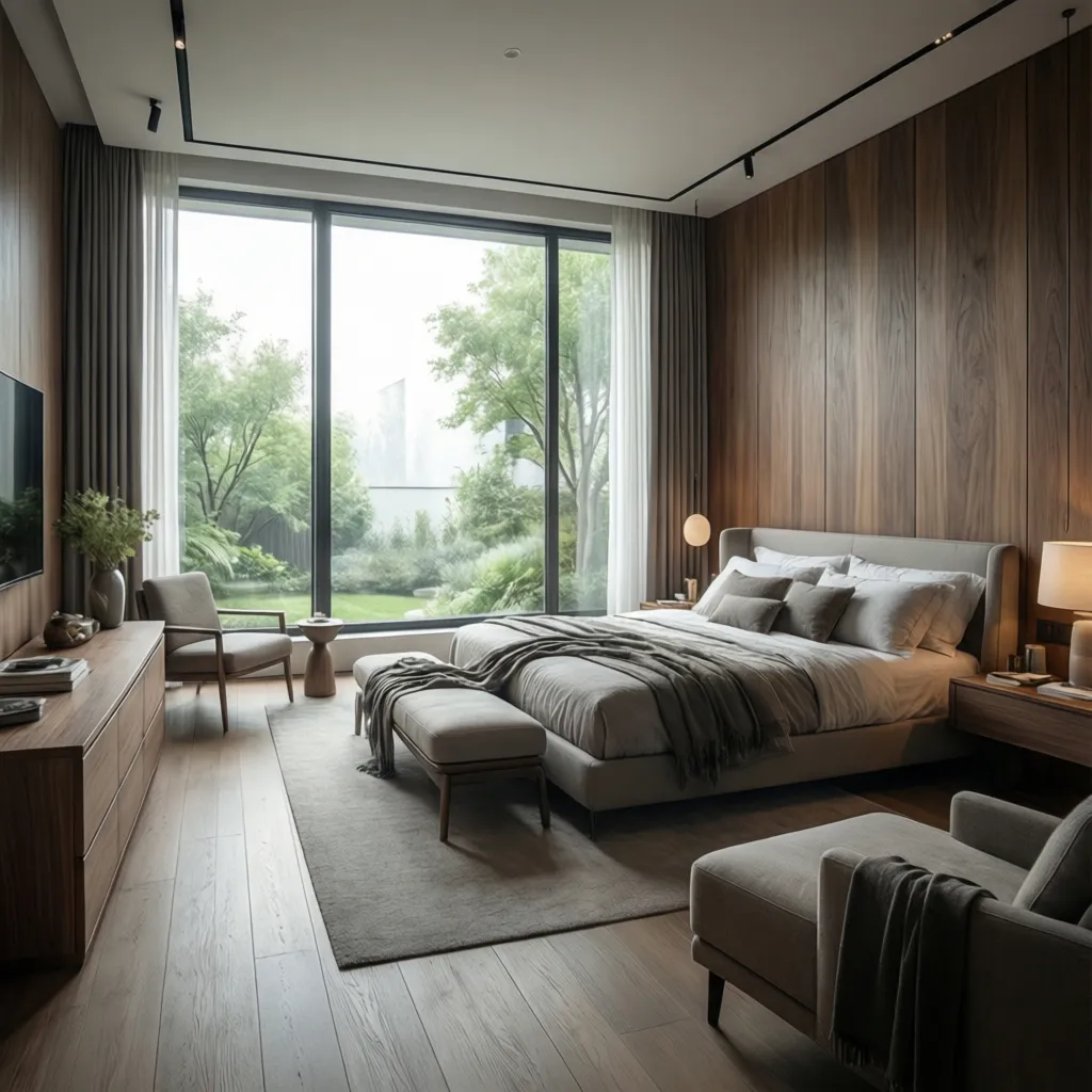 Modern master bedroom with dark wood wall panel large bed big window and grey sofa