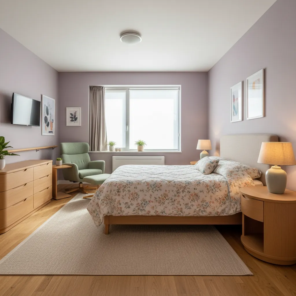 Habitación privada luminosa en una residencia para personas mayores