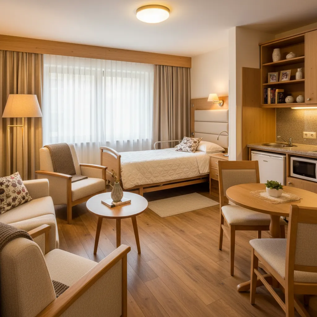 Habitación tipo apartamento en residencia geriátrica con ambiente hogareño