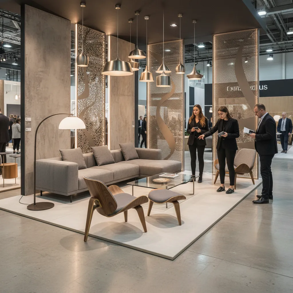 Stand moderno en una feria de diseño interior con muebles contemporáneos