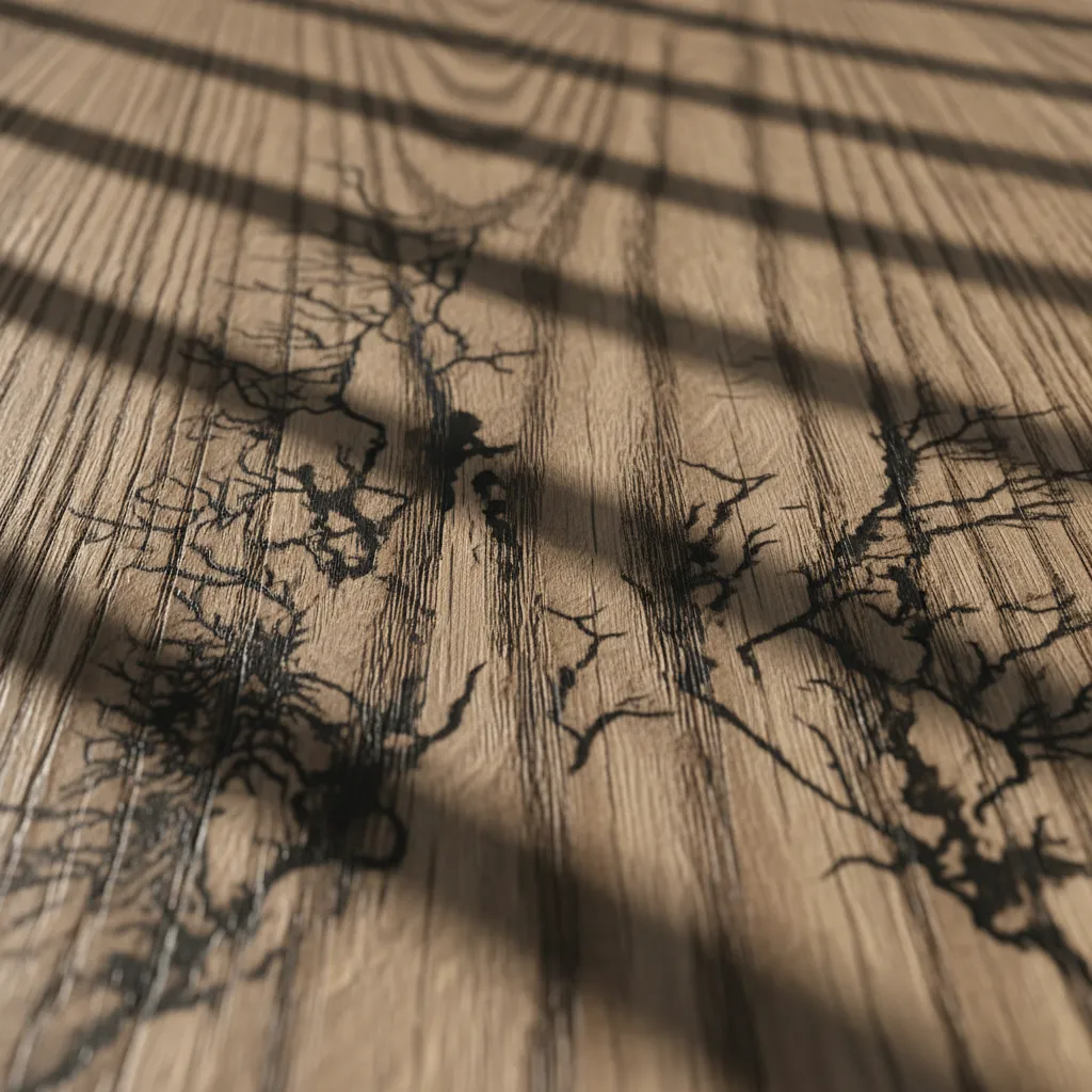 Hair dye pigment absorbed into hardwood grain creating dark stain