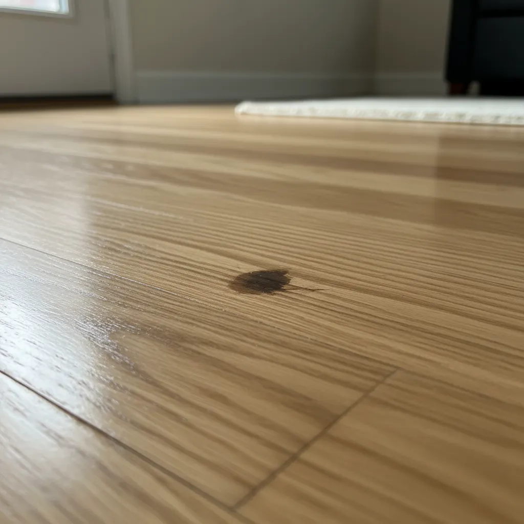 Close view of dark hair dye stain on sealed hardwood floor