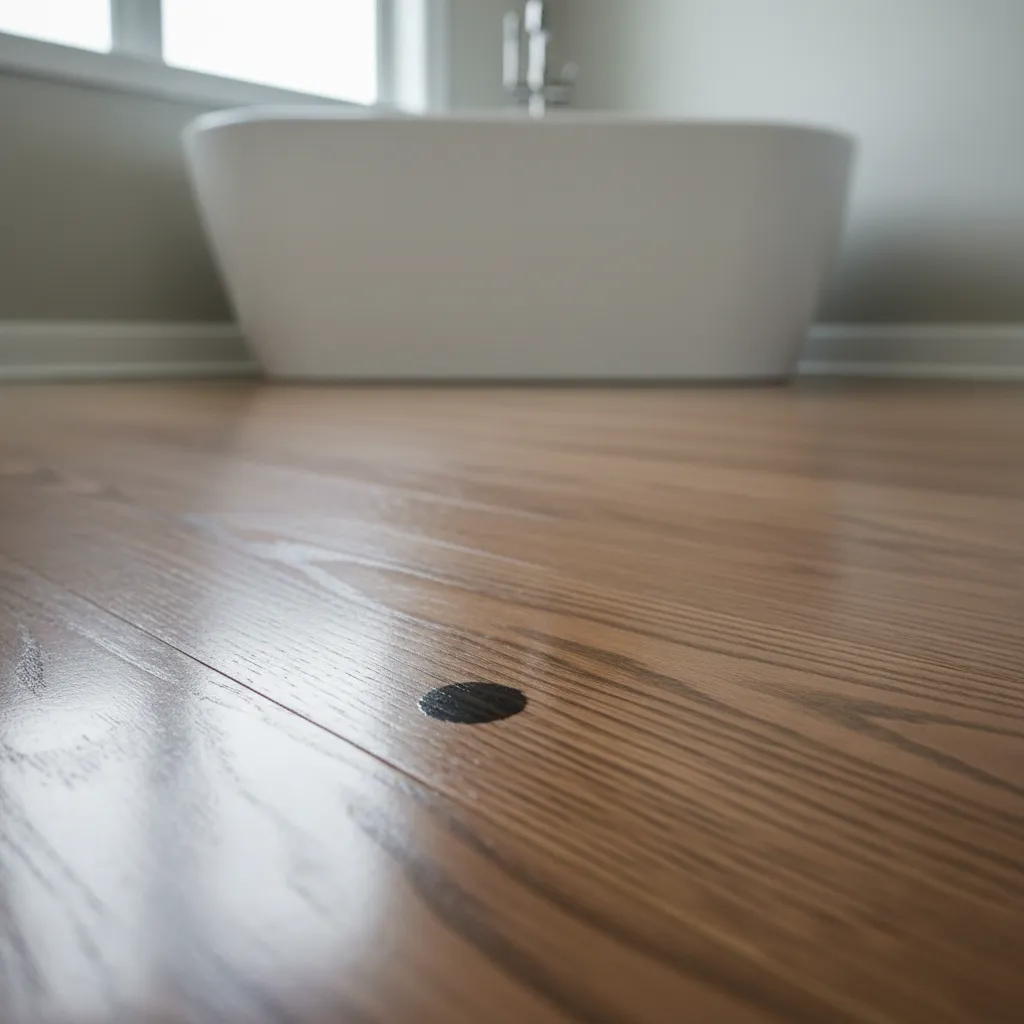 Dark hair dye stain on sealed hardwood floor surface