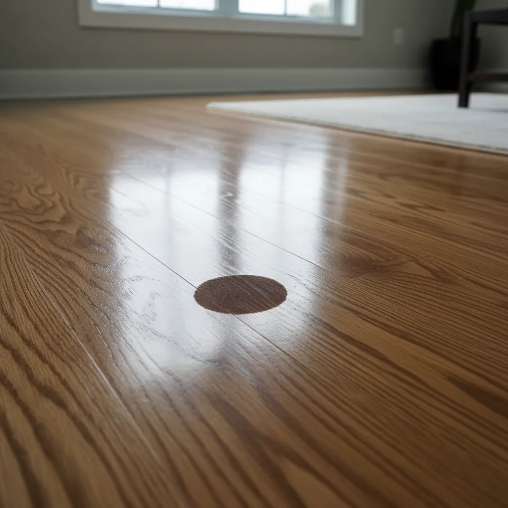 dark hair dye stain on glossy hardwood floor surface