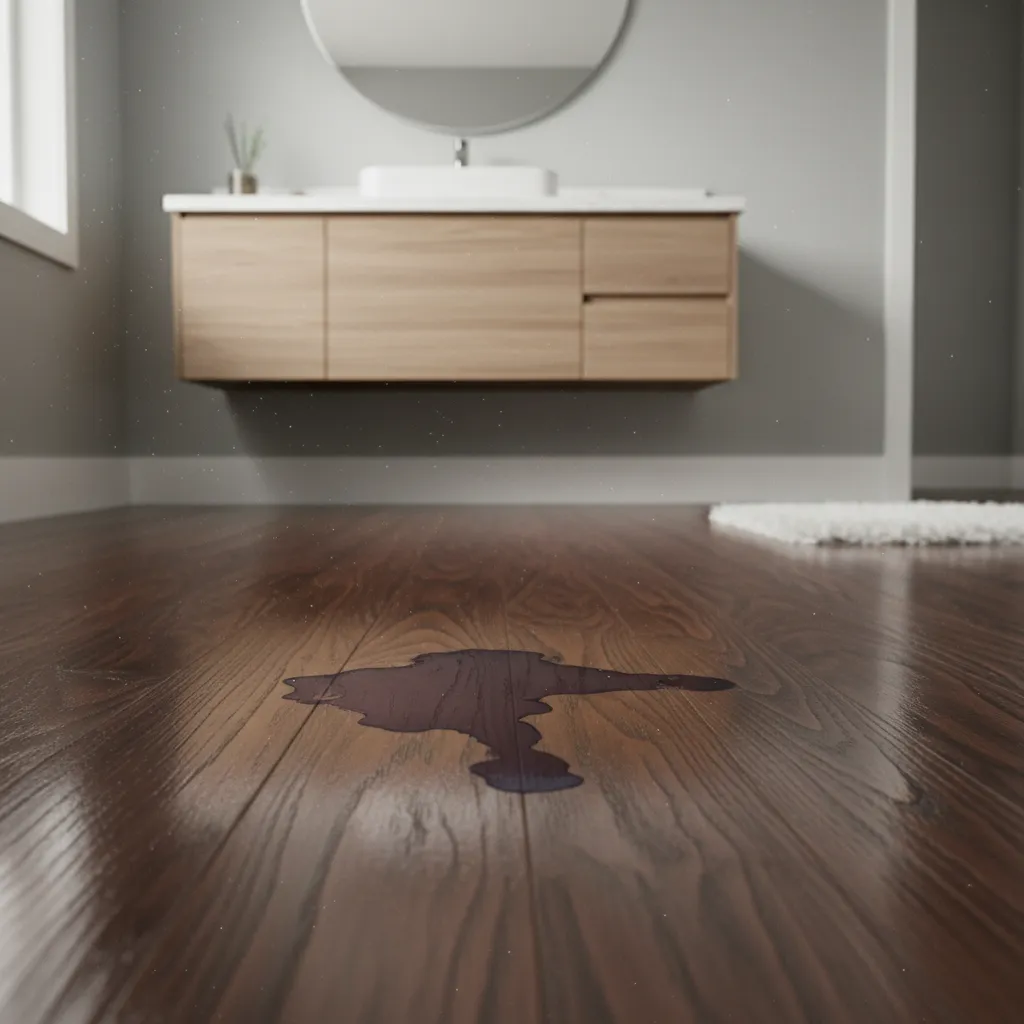 Close-up of dark hair dye stain on hardwood floor near bathroom vanity