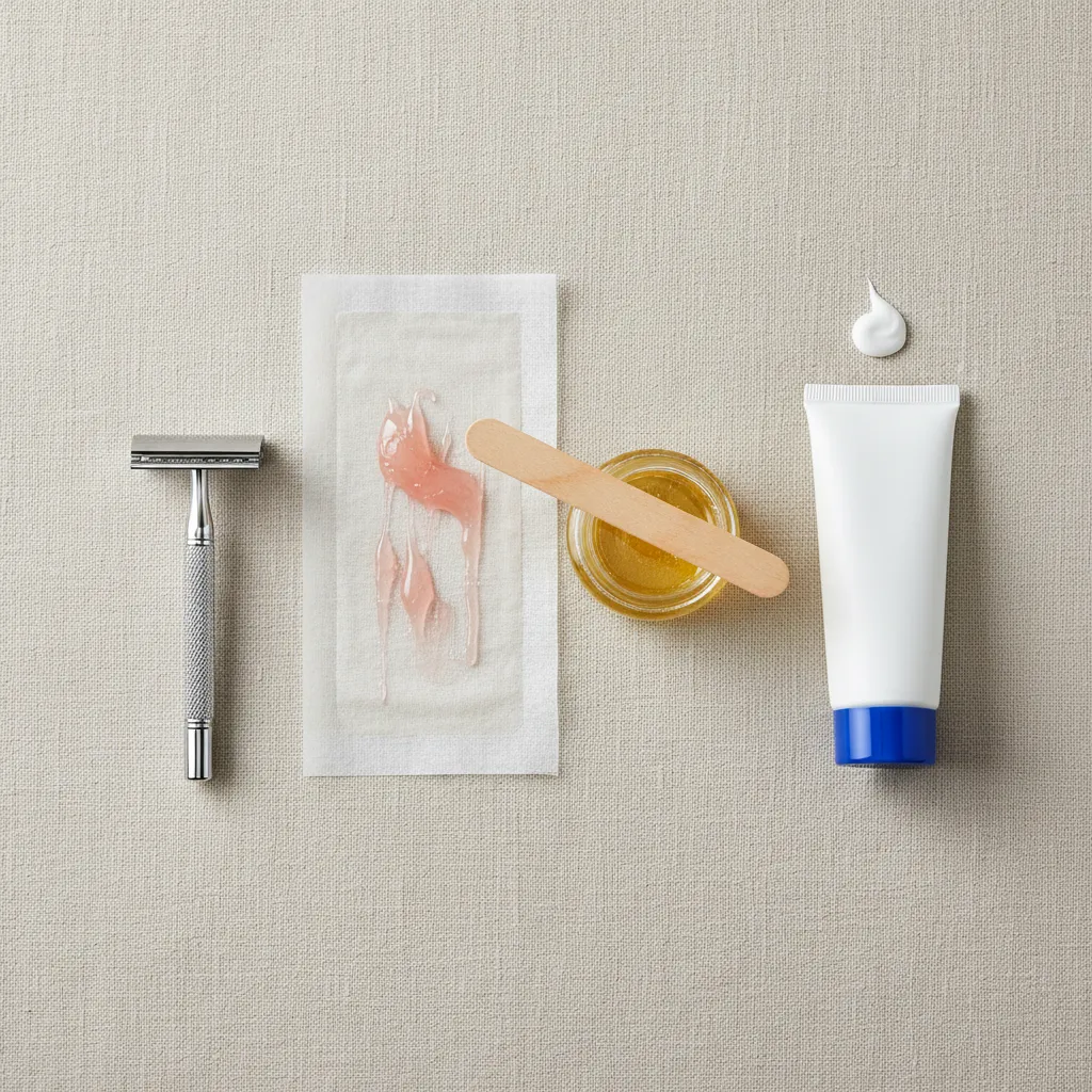 visual comparison of shaving razor, waxing strip, and depilatory cream on clean surface