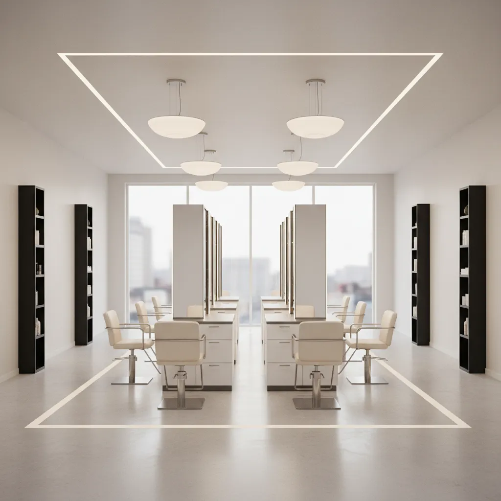 Hair salon island styling stations with circulation space