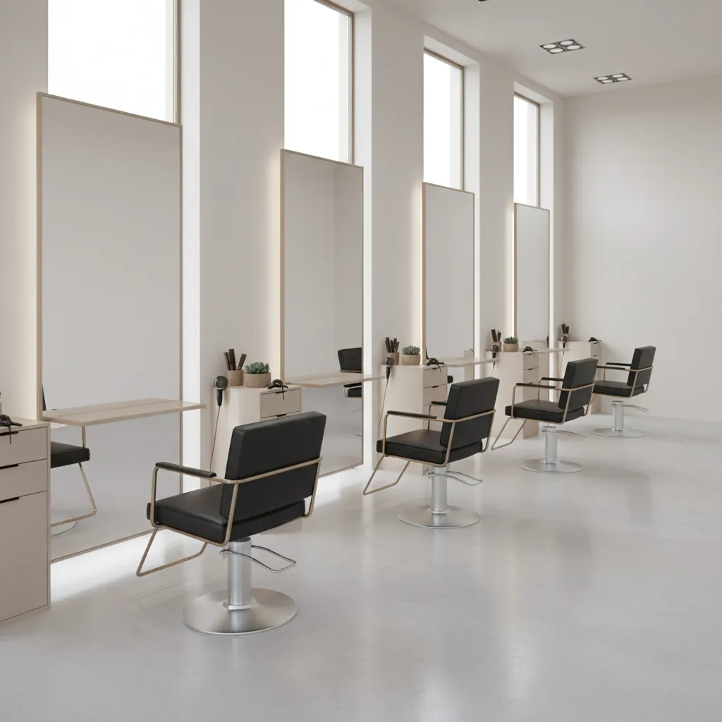 Hair salon styling chairs spaced correctly with mirrors and working clearance