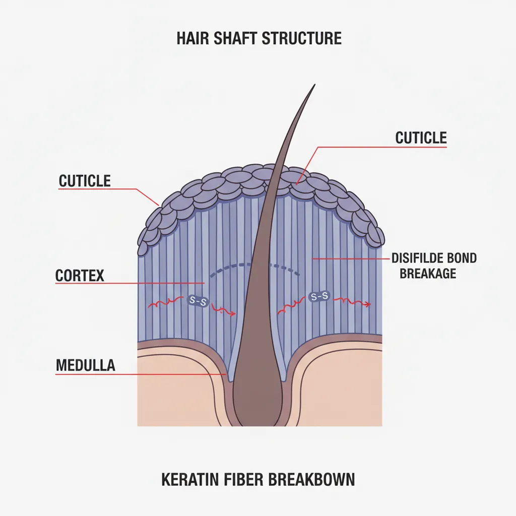 Scientific illustration showing keratin bonds in hair breaking down from depilatory cream chemicals