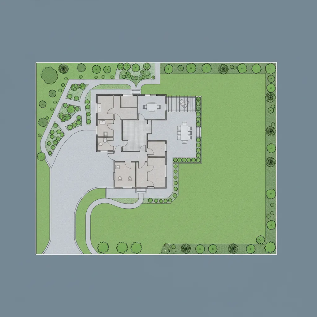 Site layout plan showing house, driveway, garden and backyard on half acre lot