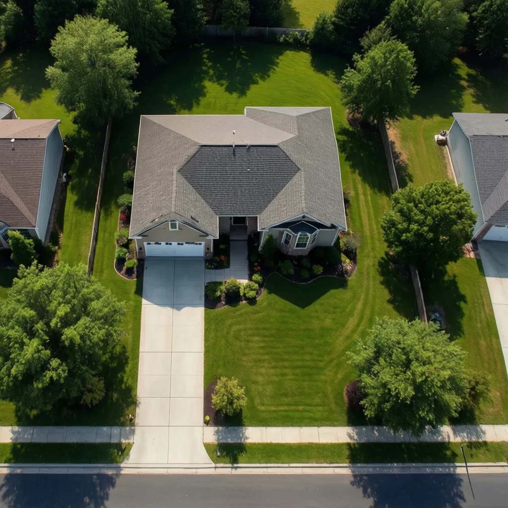 Aerial diagram style view of a half acre residential property showing house footprint and yard space