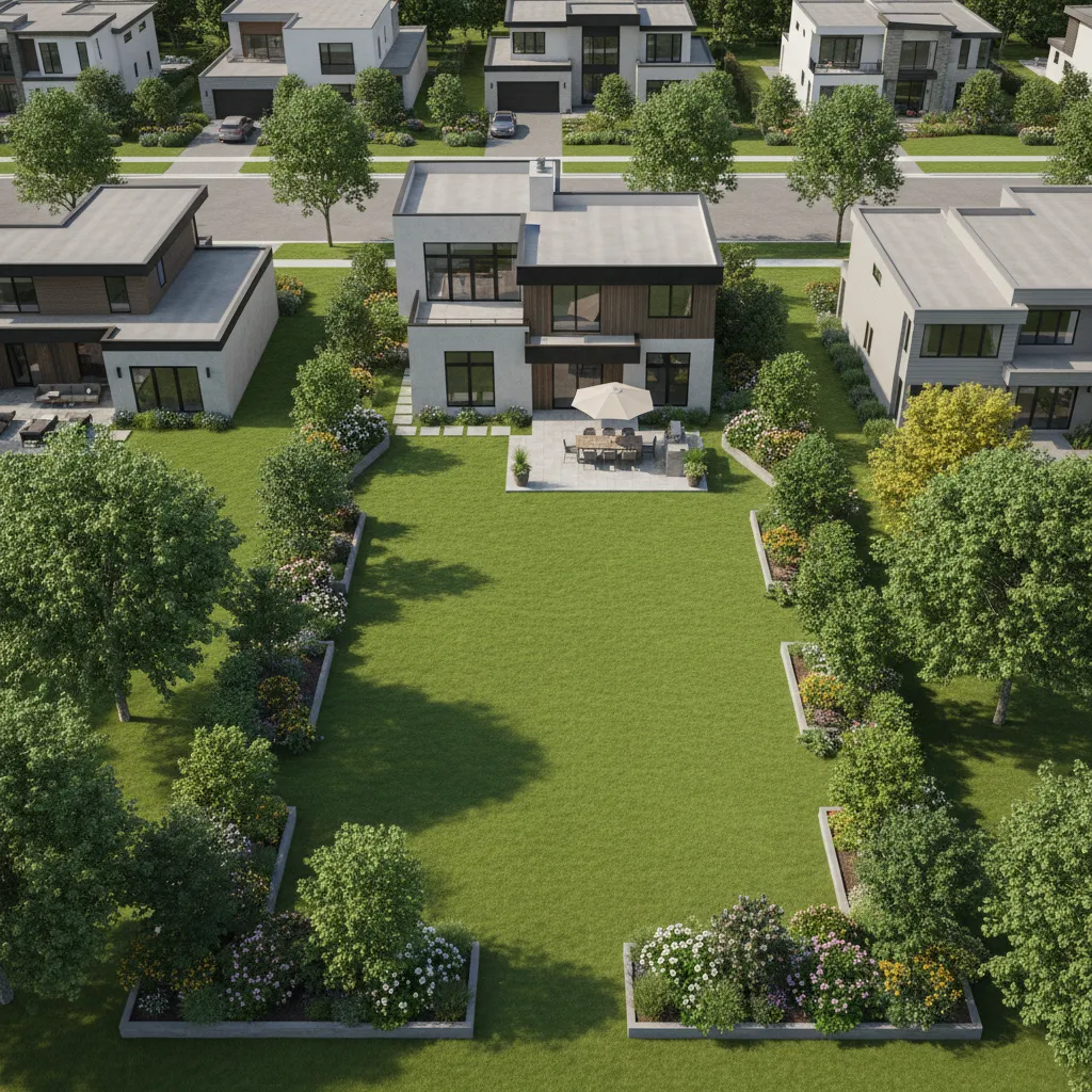 Example residential layout for half acre property with house driveway backyard patio and garden