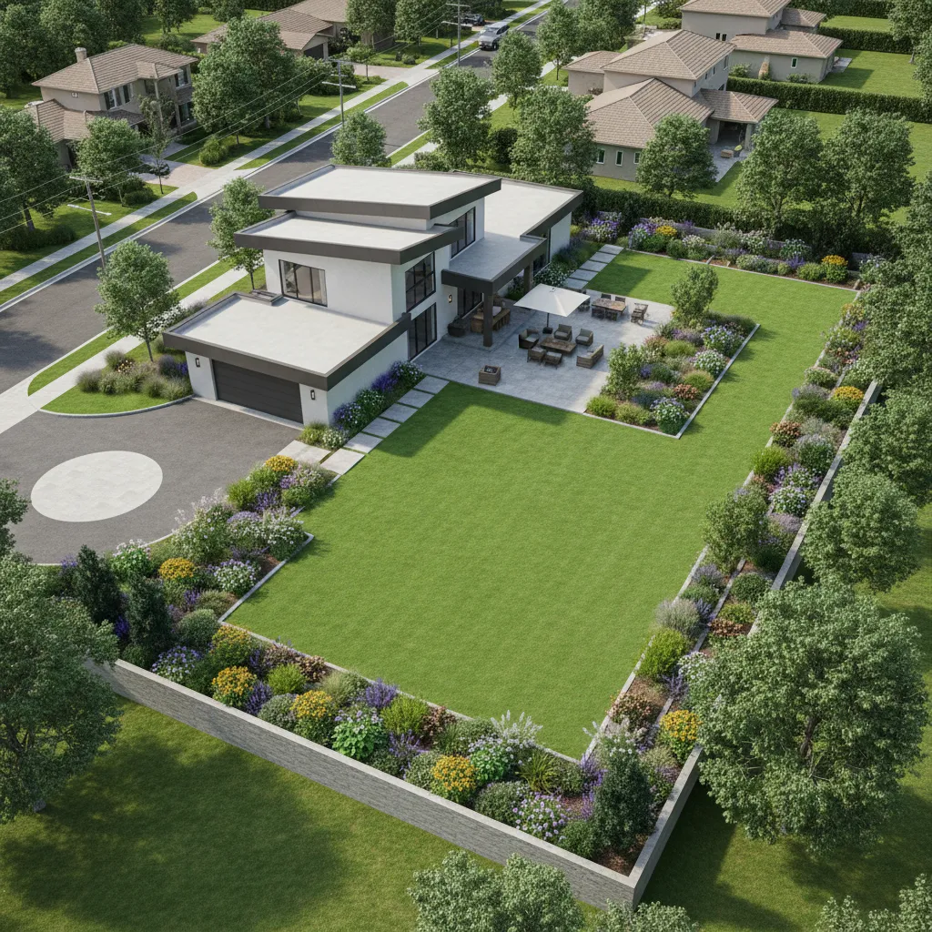 Example layout of a half acre property with house, garden, and outdoor living areas