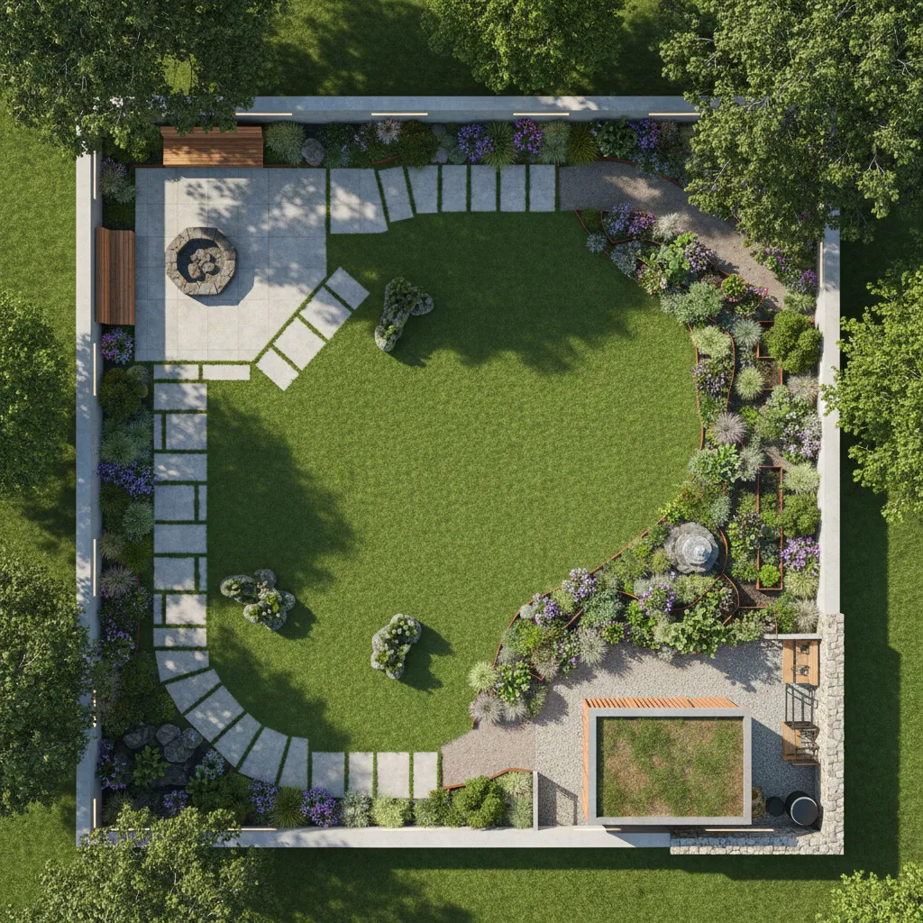 Backyard zoning layout showing patio garden lawn and utility areas on half acre property