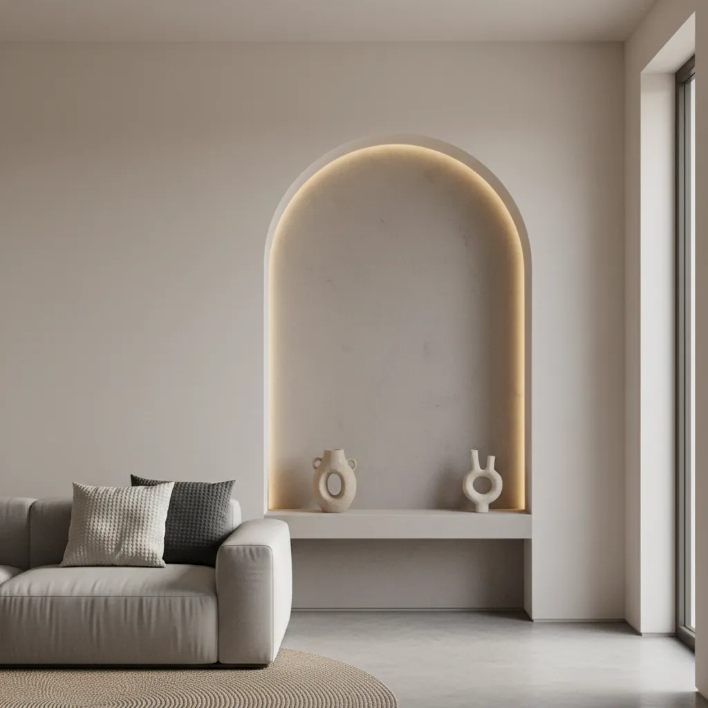 Living room wall with decorative half arch niche illuminated with warm light