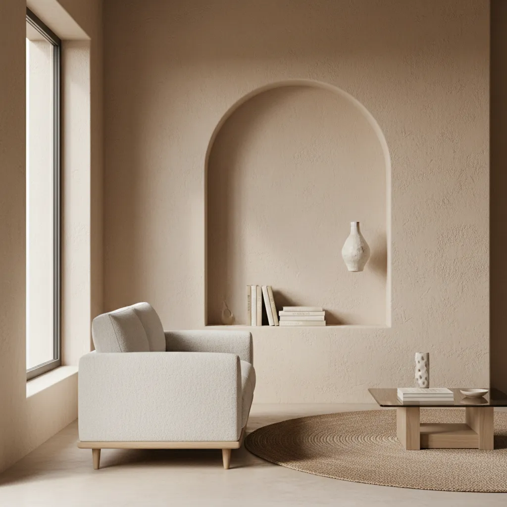 Living room wall with decorative half arch niche featuring pottery and neutral decor