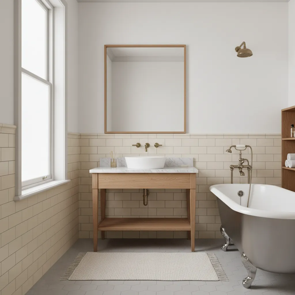 Bathroom with half height wall tiling and painted upper wall