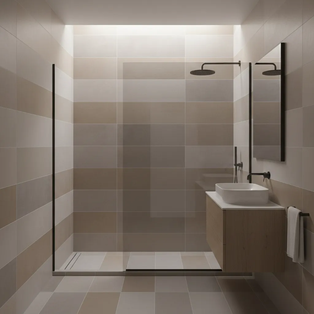 walk in shower with half glass partition in small bathroom