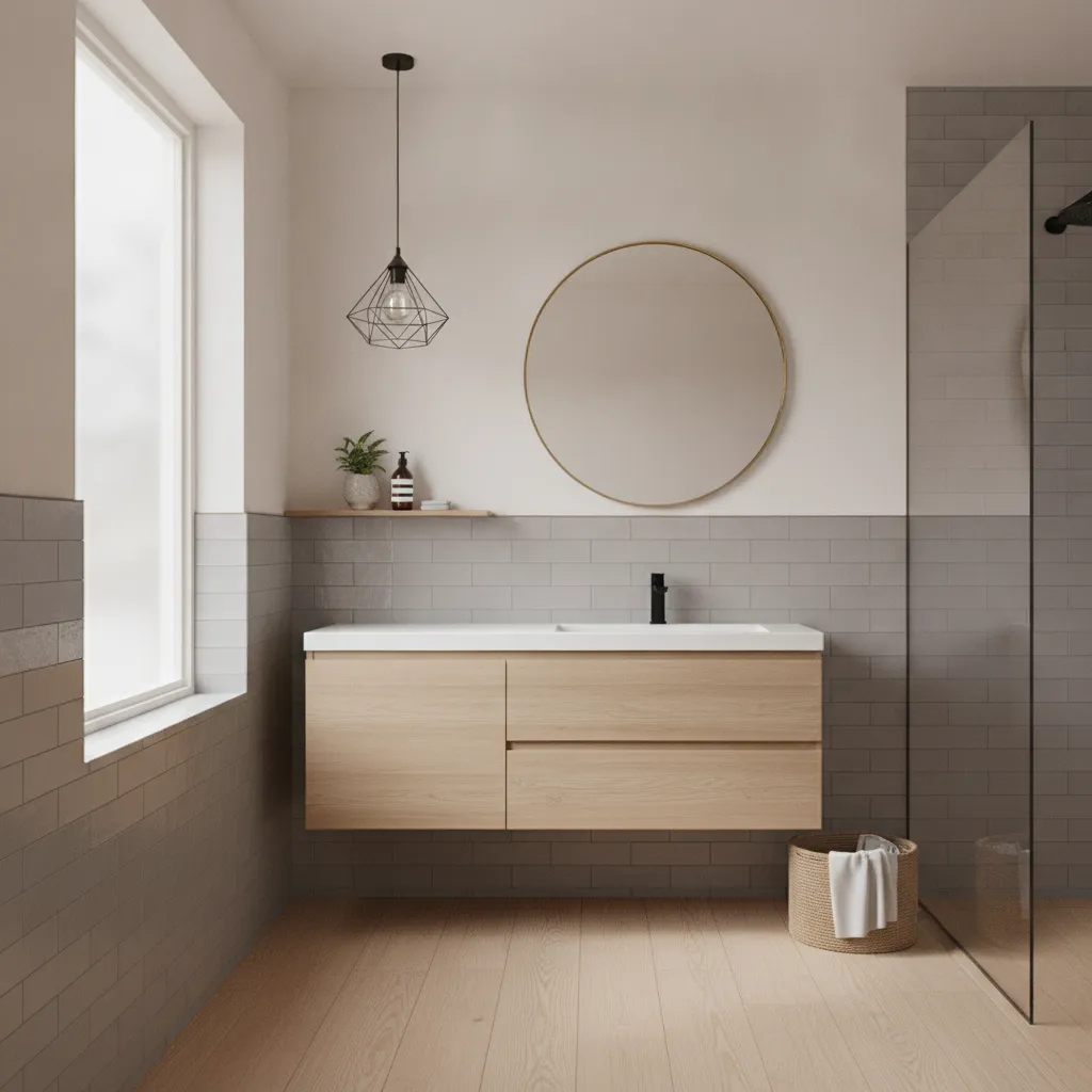 bathroom with half height wall tiles and painted upper walls