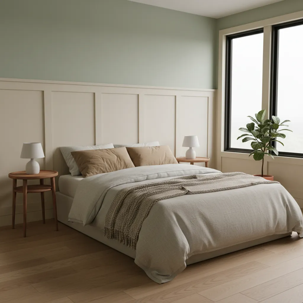 Bedroom featuring half height wainscoting wall panelling with painted upper wall