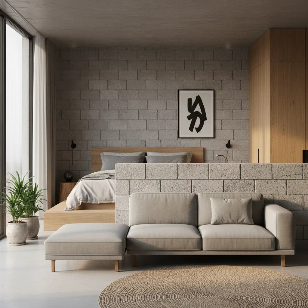 Half height concrete block wall dividing living area and bedroom