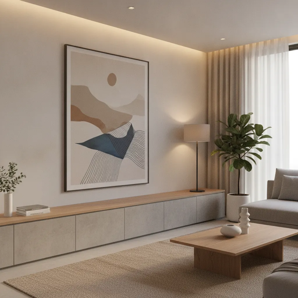 half height cement cupboard storage in living hall with wall decor above