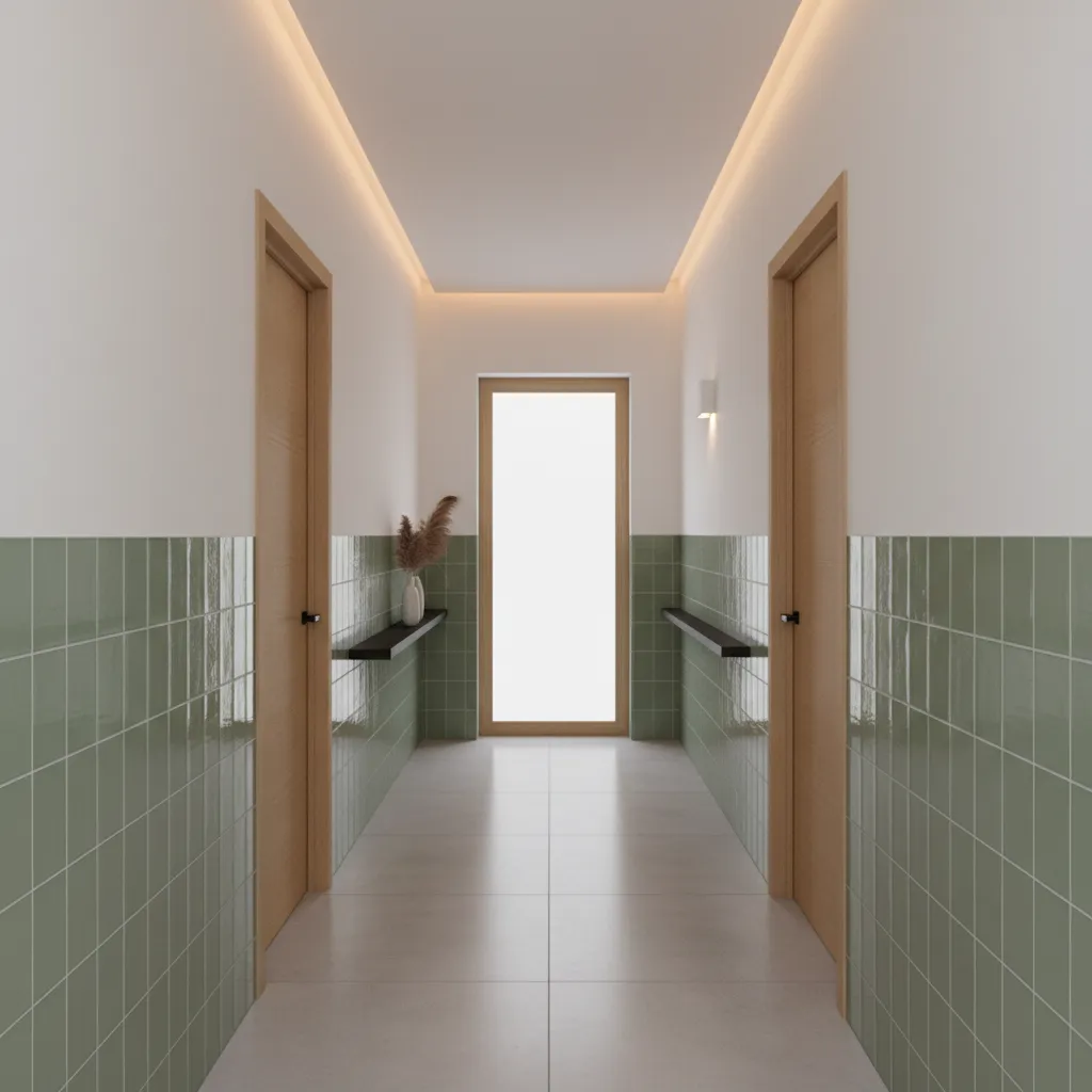 Half height corridor wall tiles with painted upper wall in a modern residential hallway