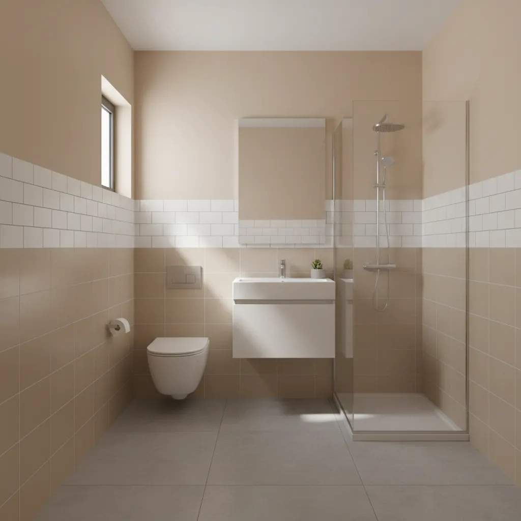 bathroom interior with half height dado tiles and light painted walls