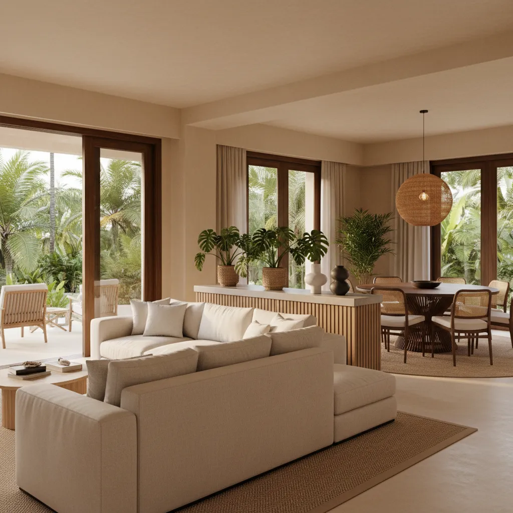 Half height console divider behind sofa separating dining space