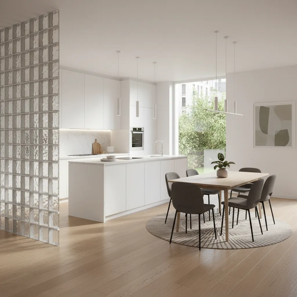 Half height glass block partition separating kitchen and dining area