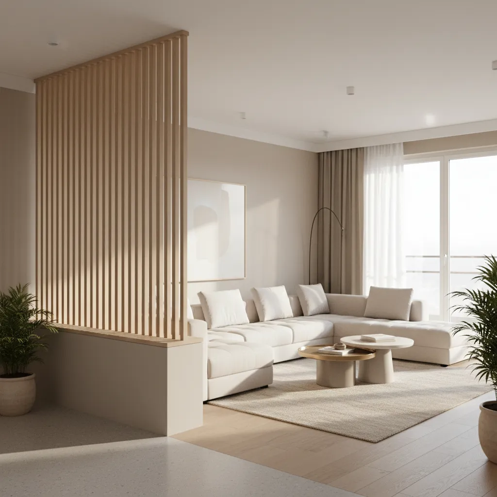 half height partition separating entry and living room layout
