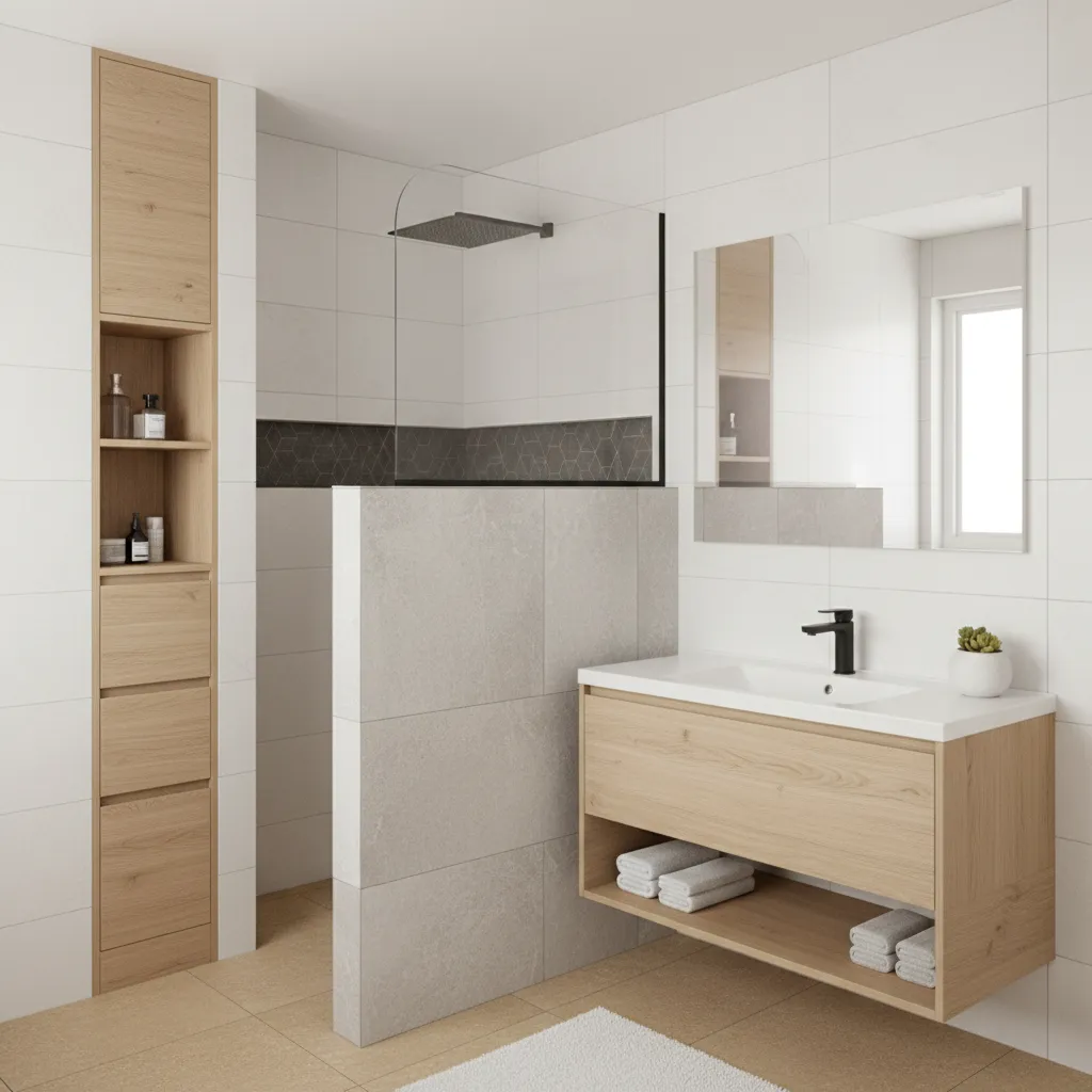 Small bathroom half wall partition with built in storage niches