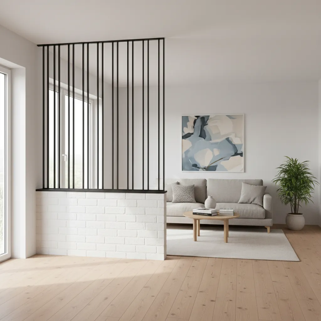 Small living room separated by a modern half wall grill partition