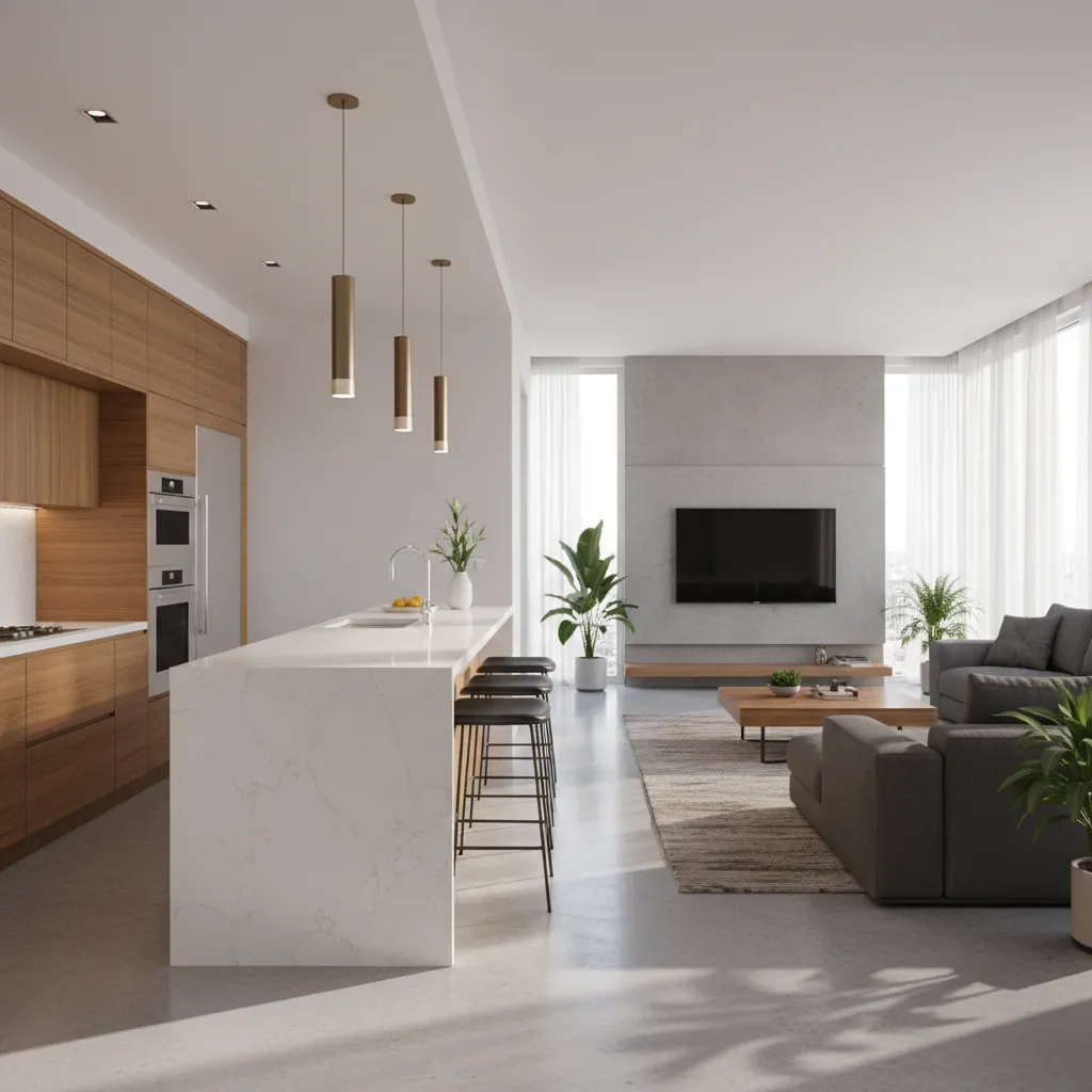 Modern kitchen separated from living room by a half wall breakfast bar
