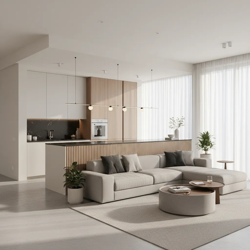 Low wood panel wall separating white kitchen from a grey sofa in the living area