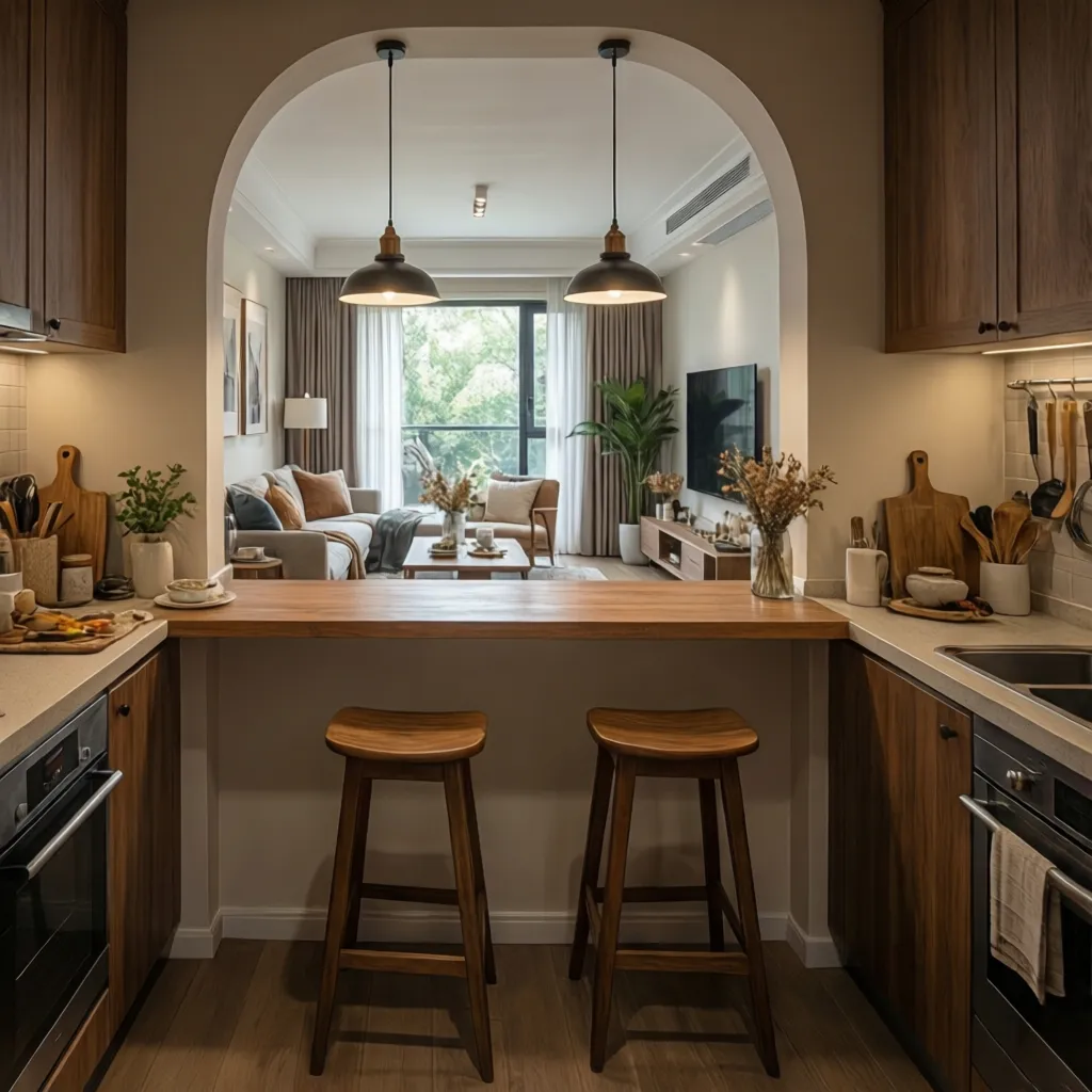 Half wall pass through between kitchen and living room with countertop ledge