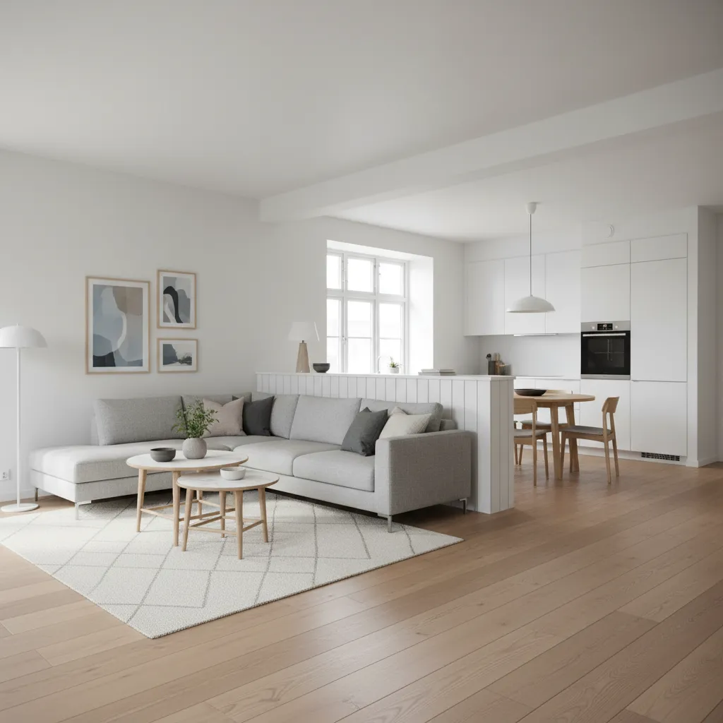 Interior layout showing sofa aligned with a half wall partition divider