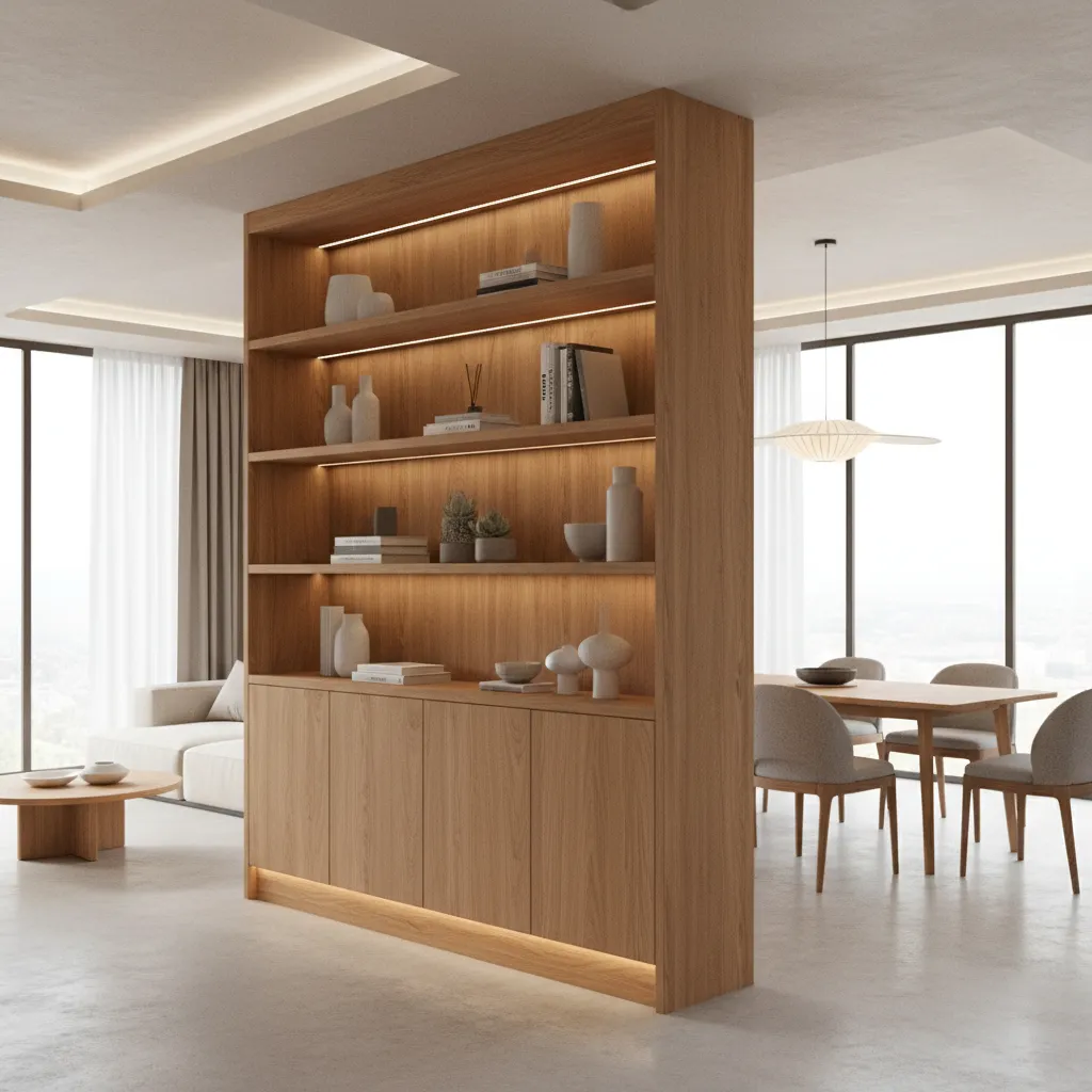 Half wall partition with built in shelves and storage cabinets