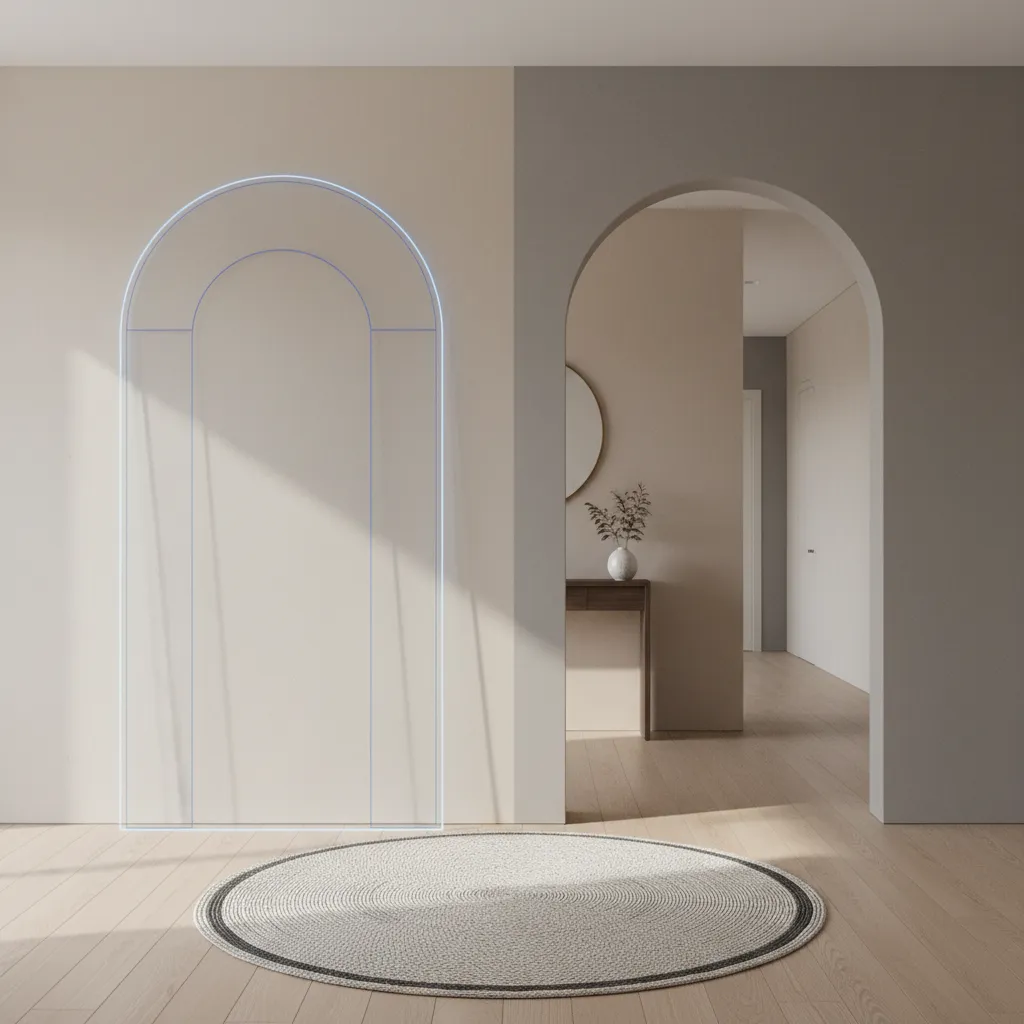 architectural drawing and real hallway arch construction example